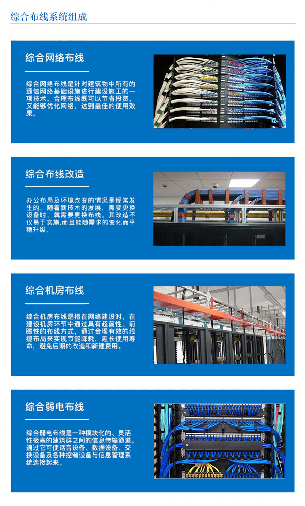 3科技園,工業(yè)園,商業(yè)園,產(chǎn)業(yè)園,農(nóng)業(yè)園,物流園等園區(qū)綜合布線(xiàn)，囊括園區(qū)網(wǎng)絡(luò)布線(xiàn)，綜合布線(xiàn)改造，機(jī)房布線(xiàn),弱電布線(xiàn)等，布線(xiàn)是整個(gè)系統(tǒng)的基礎(chǔ)和關(guān)鍵環(huán)節(jié)，其質(zhì)量直接影響系統(tǒng)的穩(wěn)定性、可靠性和可擴(kuò)展性。